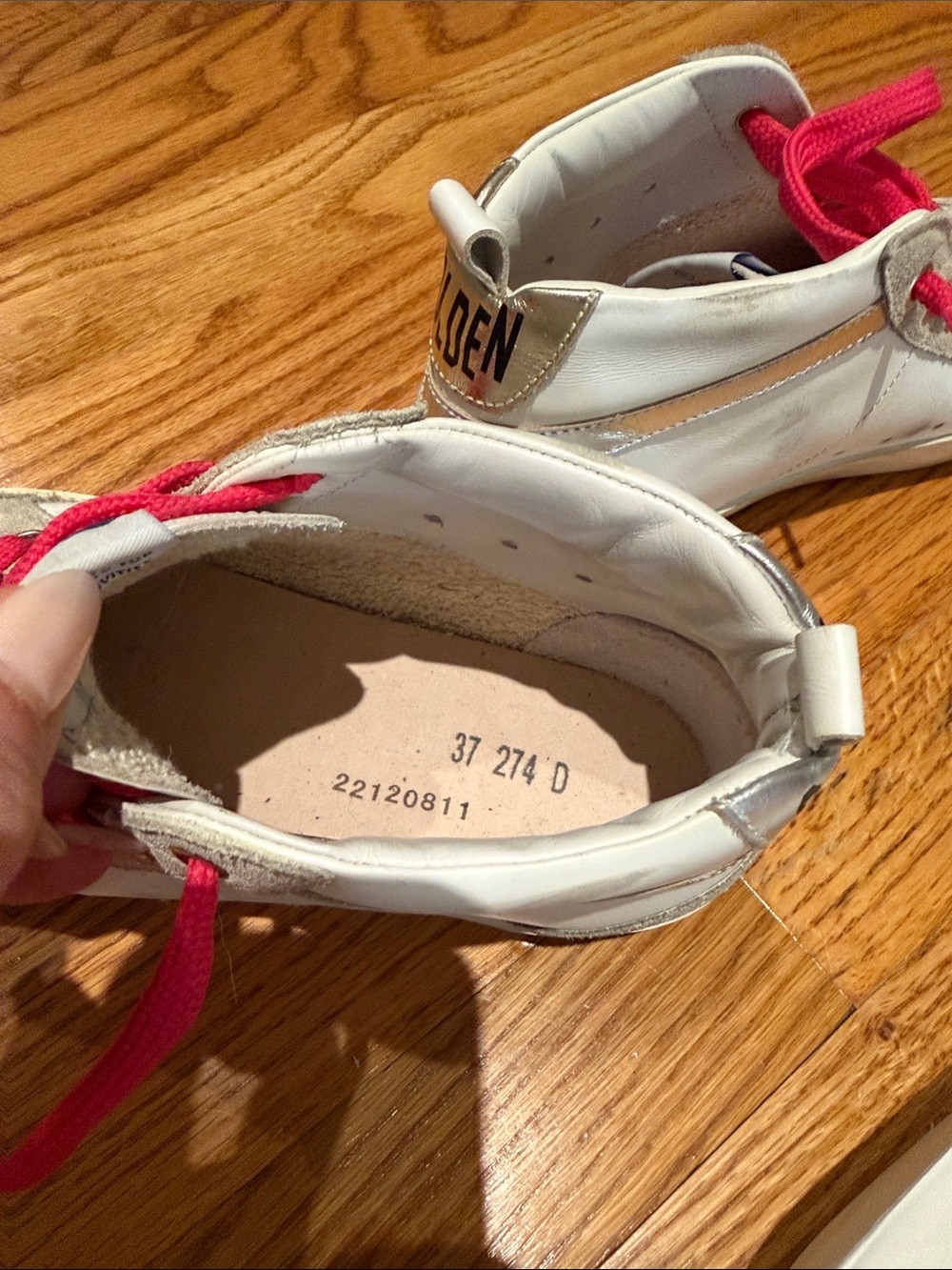 Golden Goose White High-Top Sneakers with Hot Pink Laces and Silver Glitter Star - Picture 8 of 11